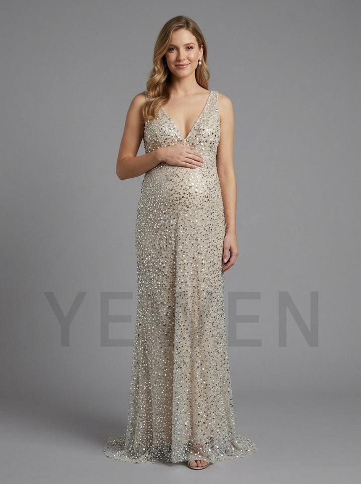 Sequin Deep V-Neck Maternity Gown for Baby Shower YD261012