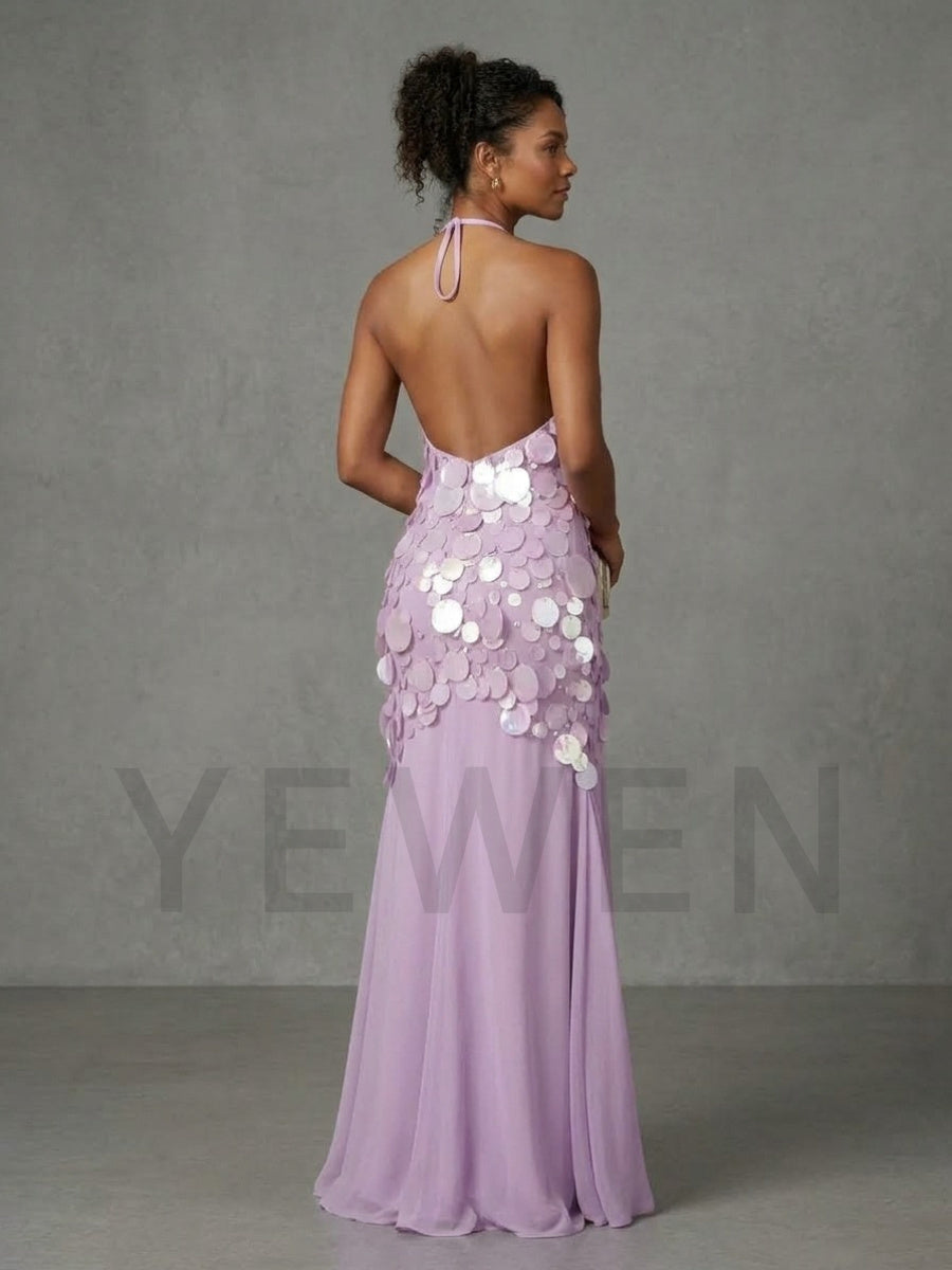 Halter Sequin Evening Dress with Flowy Long Skirt YD261003