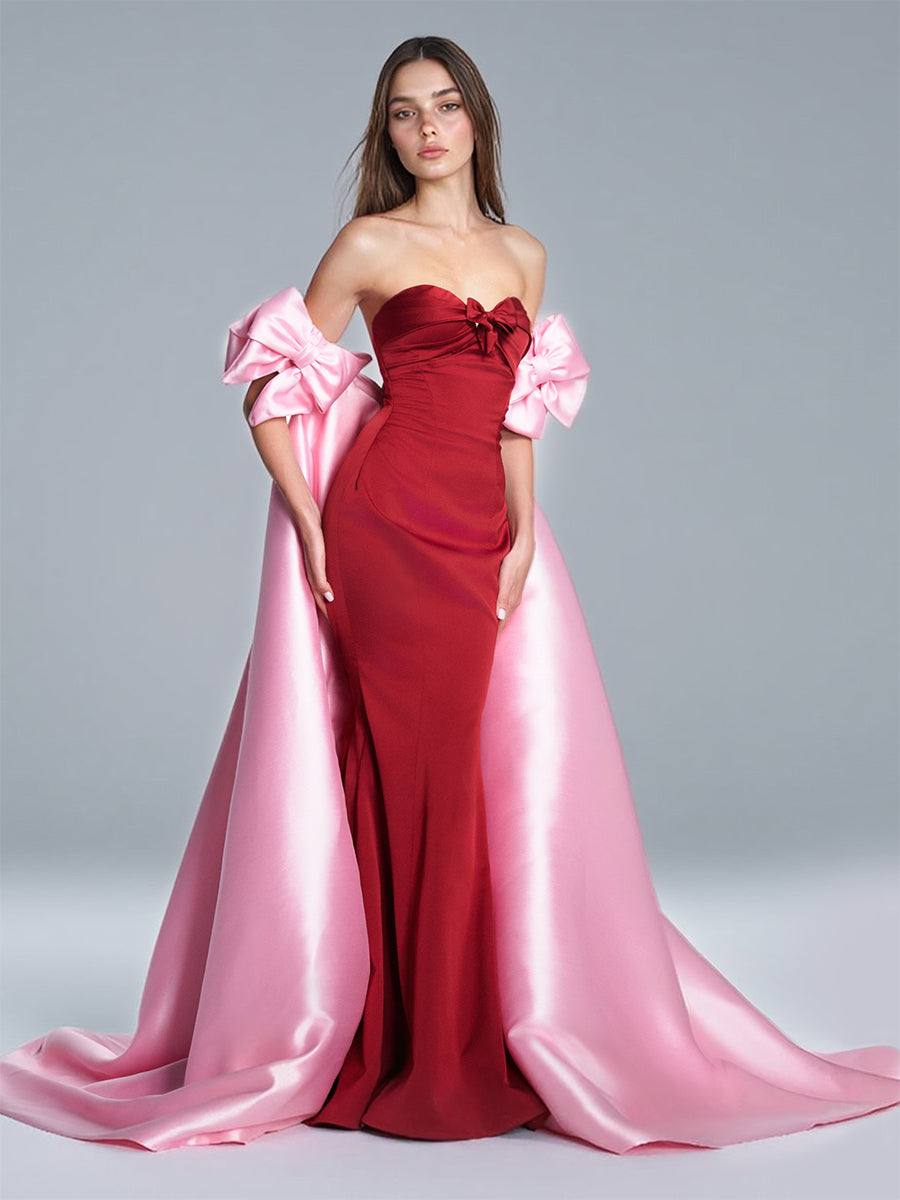 Elegant Satin Pink Cape With Red Bow Off Shoulder Prom Dresses uk picture color / 16