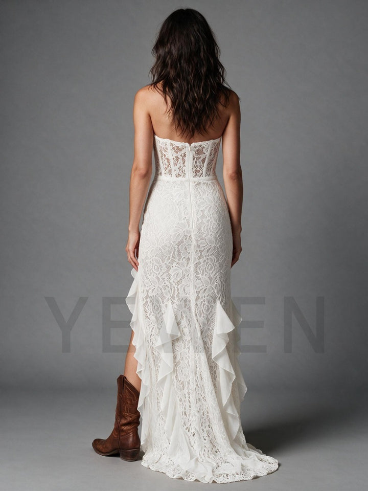 Ivory Strapless Wedding Dress with Sheer Lace Corset and Tiered Ruffle Skirt