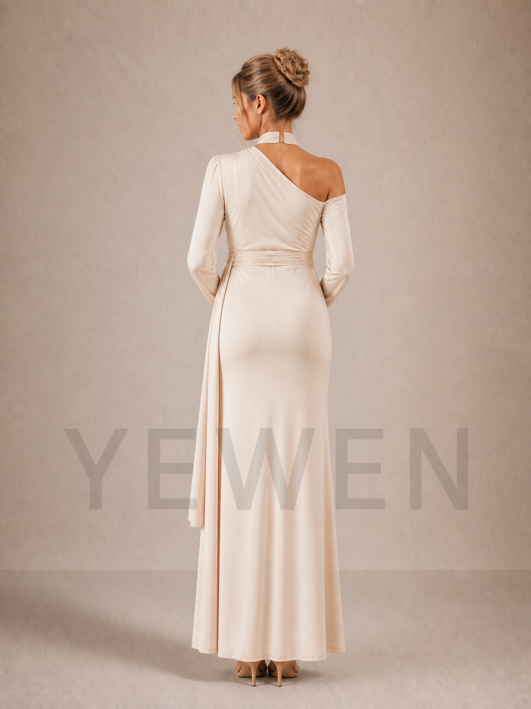 Champagne Maternity Baby Shower Dress Cold Shoulder Mock Neck Gown ZX008
