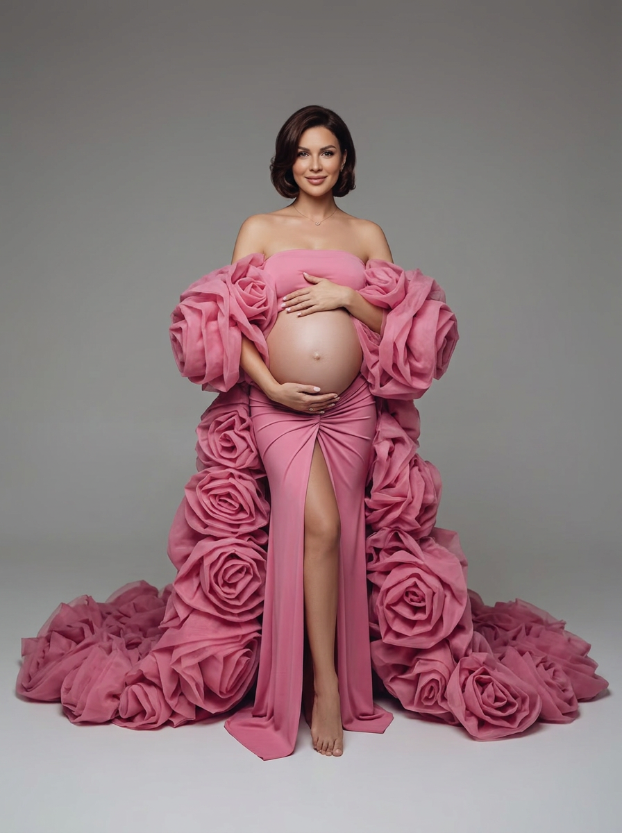 Rose Flower Cape with Slim Dress Set Pregant Dress Maternity Photoshoot Gown YW260313