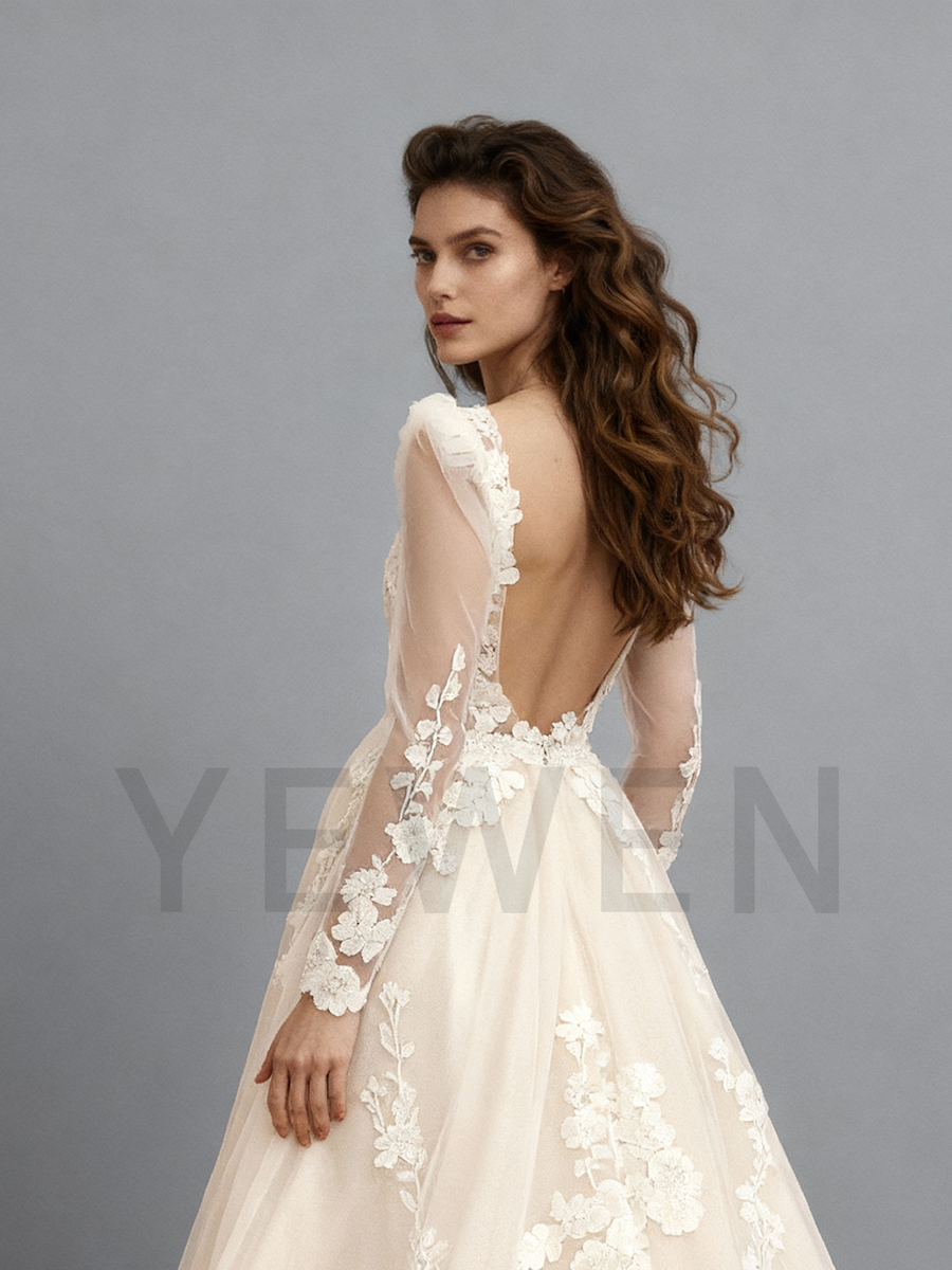 A Line Backless Wedding Dress Lace Applique Tulle Wedding Gown