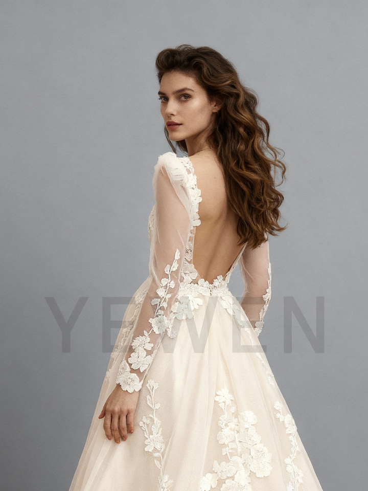 A Line Backless Wedding Dress Lace Applique Tulle Wedding Gown