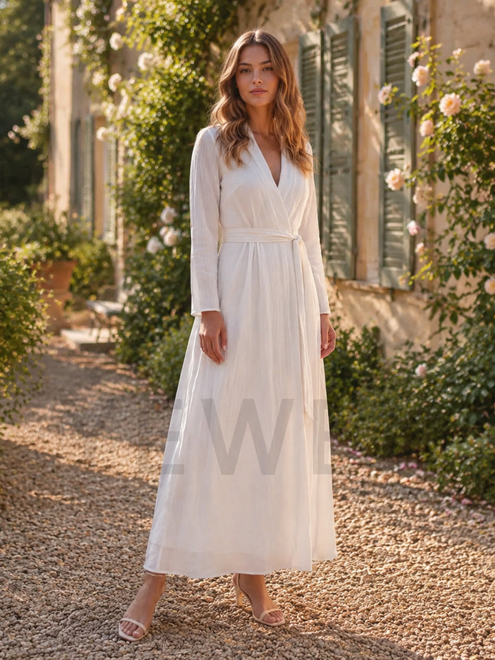 Ivory Wrap V-Neck Tie Waist Long Sleeves Boho Wedding Dress