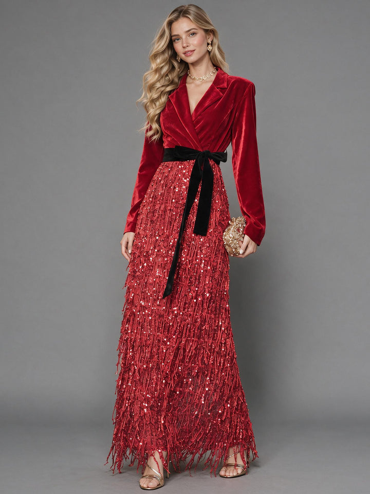 Velvet Lapel Sequin Fringe Christmas Dress with Maxi Skirt YW2609214