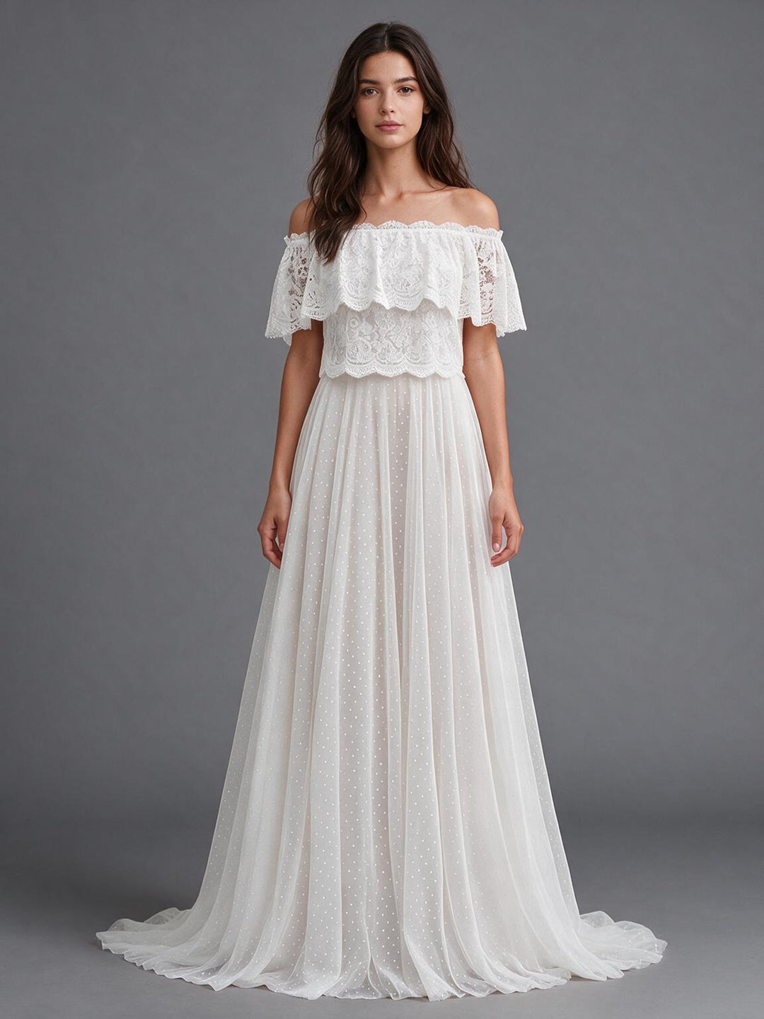 Ivory Off-Shoulder Double Ruffle Lace Drop Sleeve Boho Wedding Dress