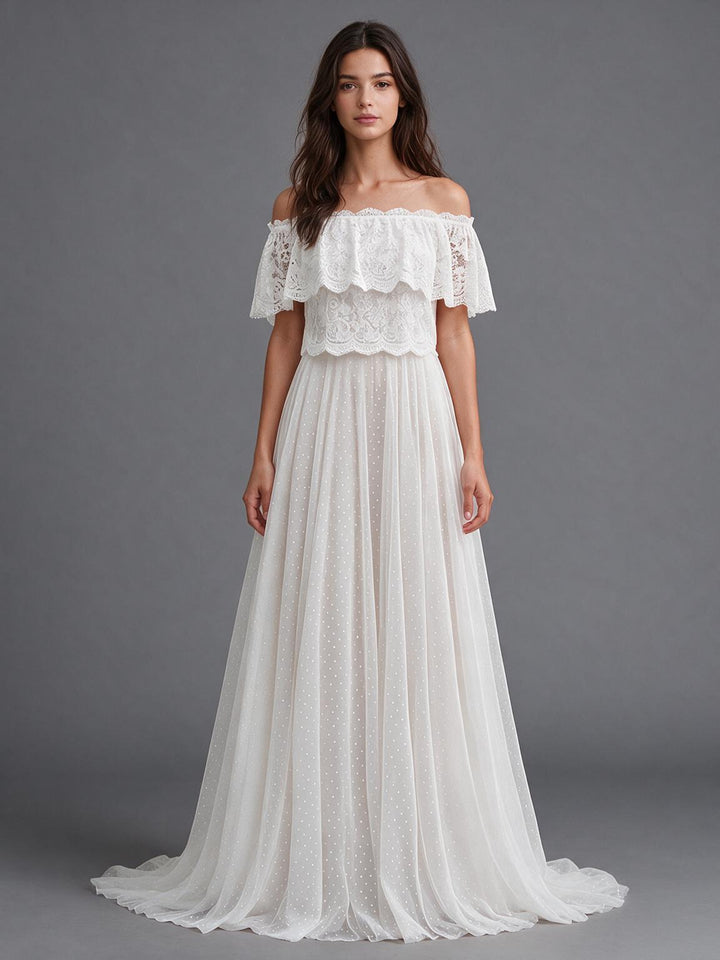 Ivory Off-Shoulder Double Ruffle Lace Drop Sleeve Boho Wedding Dress