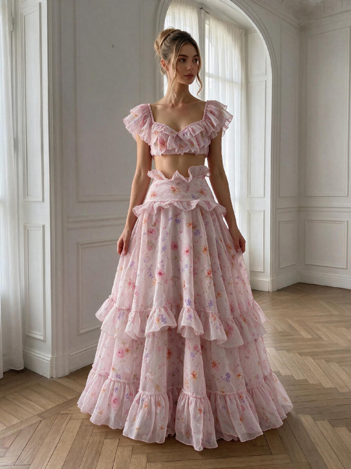 Pink Floral Two-Piece Princess Dress | Ruffled Crop Top & Tiered Long Skirt WT268008