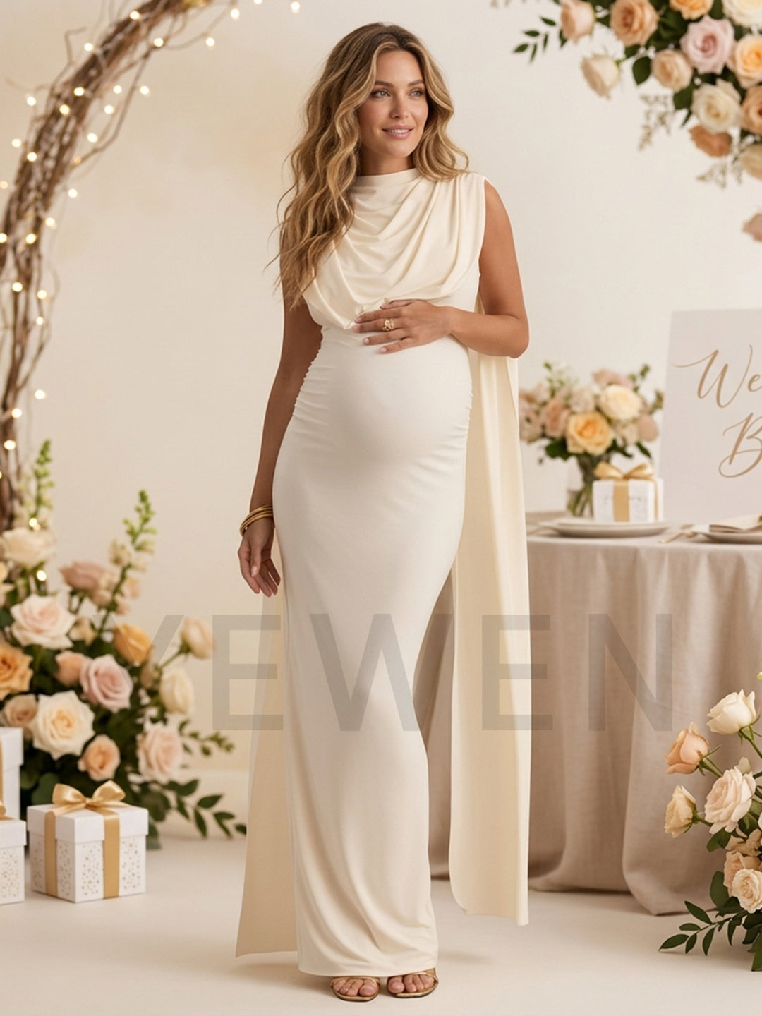 Mock Neck Draped Long Cape Maternity Dress for Baby Shower YM261011