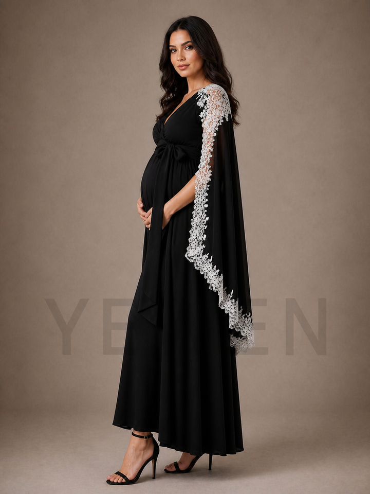 Black Maternity Baby Shower Dress V-Neck Gown with White Lace Cape Sleeves ZX015