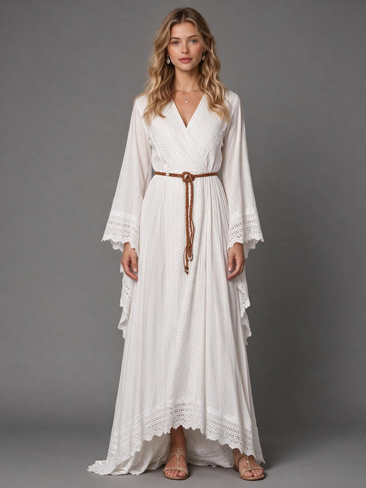 Ivory Wrap V-Neck Bell Sleeve Boho Wedding Dress with Lace Hem