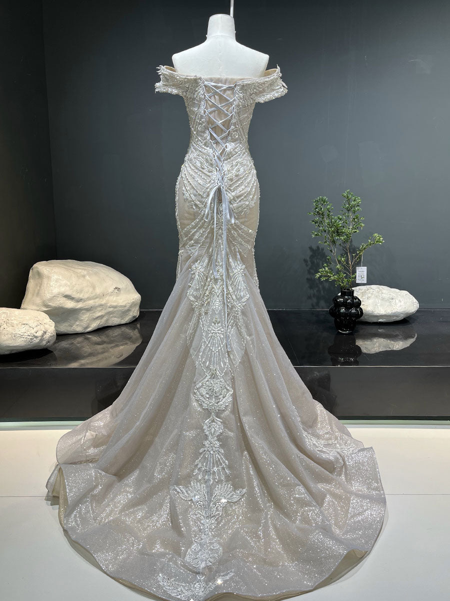 Glamorous Beaded Bodice Sparkly Crystals White Mermaid Wedding Bridal Gown YW0842 Glamorous Beaded Bodice Sparkly Crystals White Mermaid Wedding Bridal Gown YW0842