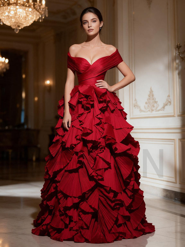 Red Off-Shoulder Criss-Cross Pleated Tiered Christmas Dress YW2610093