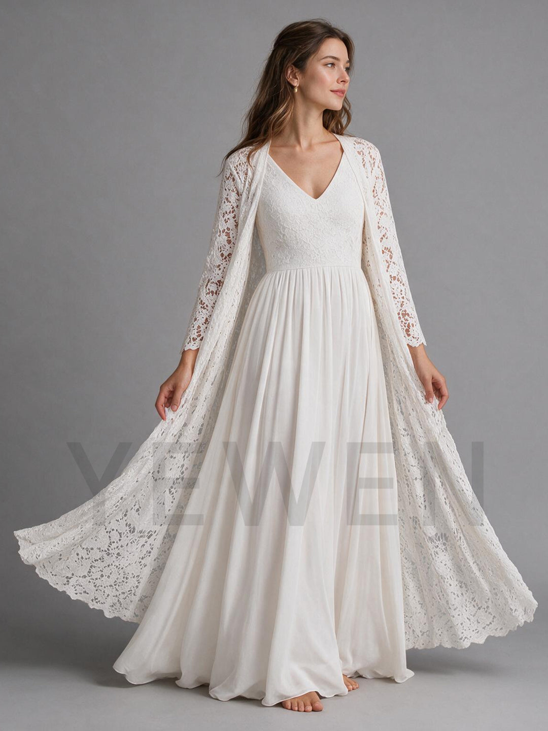 Ivory V-Neck High Waist Chiffon Boho Wedding Dress with Lace Duster
