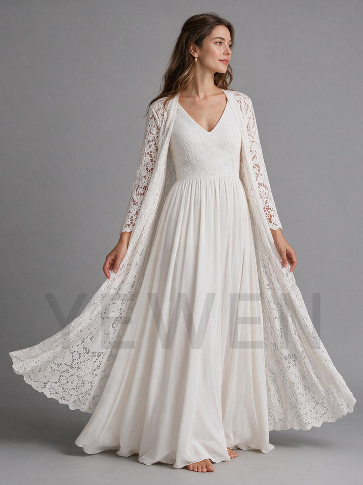 Ivory V-Neck High Waist Chiffon Boho Wedding Dress with Lace Duster