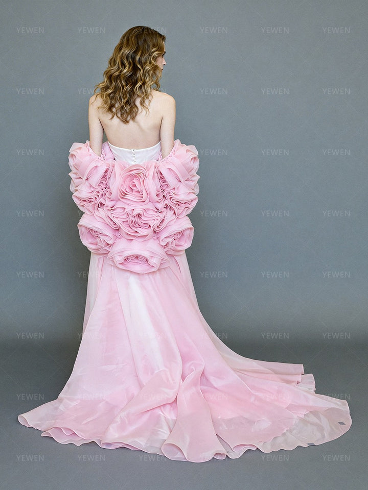 Fashion Formal Dress with 3D Flower Long Cape Wedding Party Gown