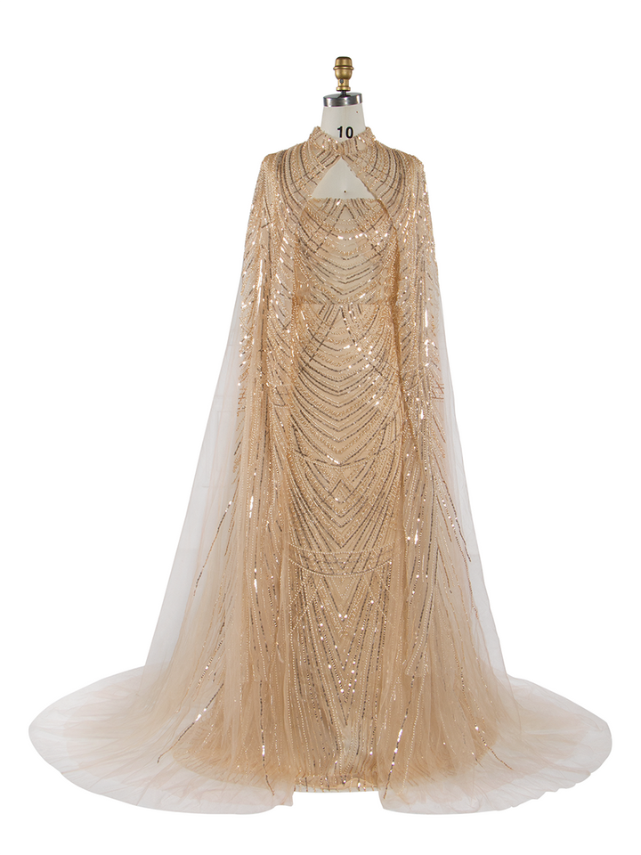 Luxury Hand-beaded Formal Evening Dress with Cape Special Events Dress