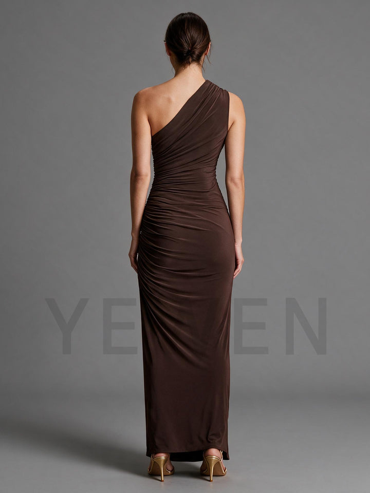Brown Asymmetric-Neck Maternity Dress for Baby Shower