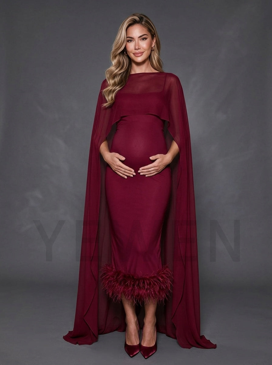 Ostrich Feather Hem Maternity Baby Shower Dress With Flowing Cape