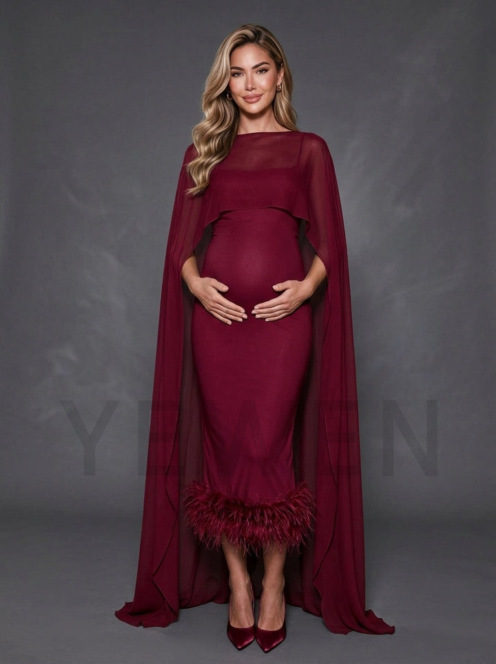 Ostrich Feather Hem Maternity Baby Shower Dress With Flowing Cape