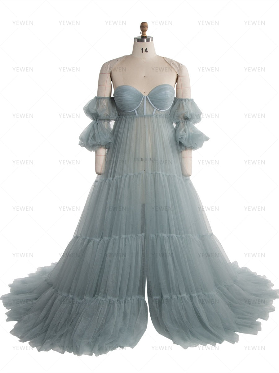 Tulle Maternity Dress for Photoshoot Strapless Long Ruffles Pregnancy Gown for Baby Shower YW260235
