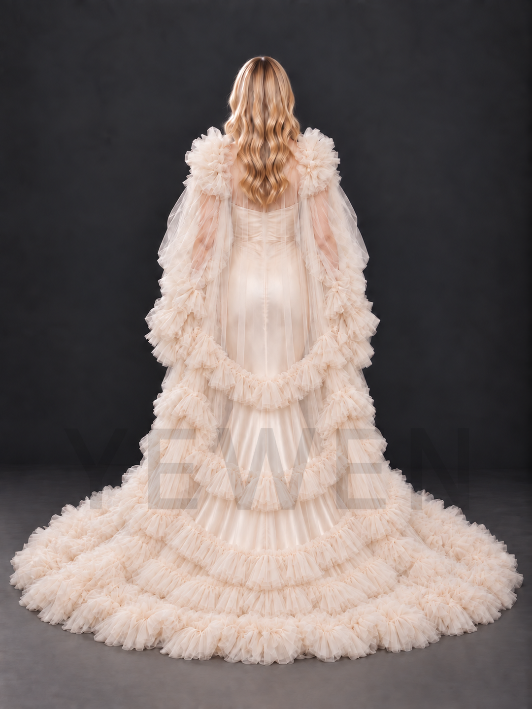 Tiered Ruffle Cape Satin Mermaid Maternity Photoshoot Gown HA260917