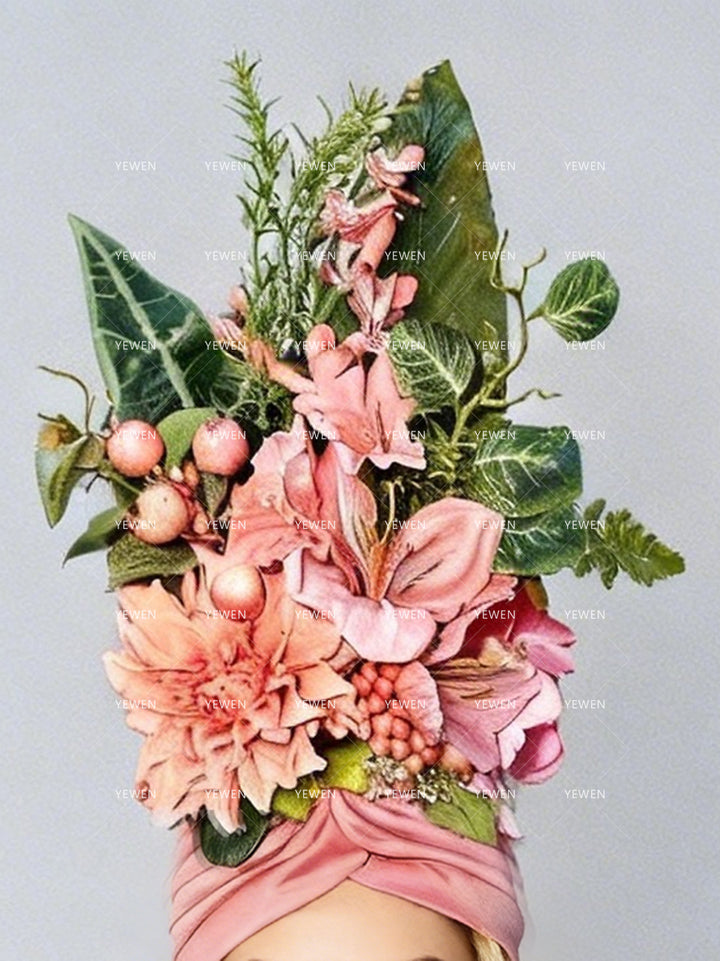 Pink Floral Headwrap with Tropical Foliage Hair Accessories for Photoshoot and Event Headpiece Bridal Headdress YW2603141D