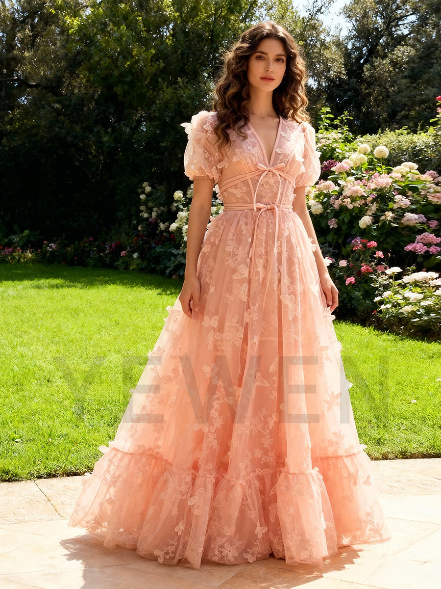 Butterflies Tulle Evening Dresses Floor Length V Neck Prom Gown