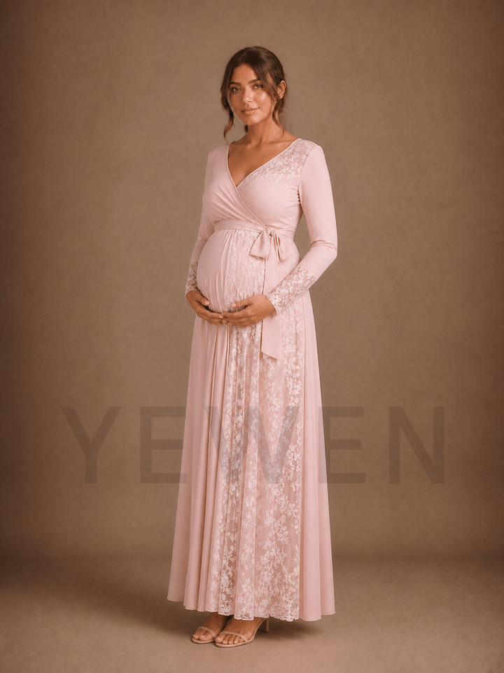 Blush Pink Wrap Maternity Baby Shower Dress V-Neck Gown with Lace Panels ZX022