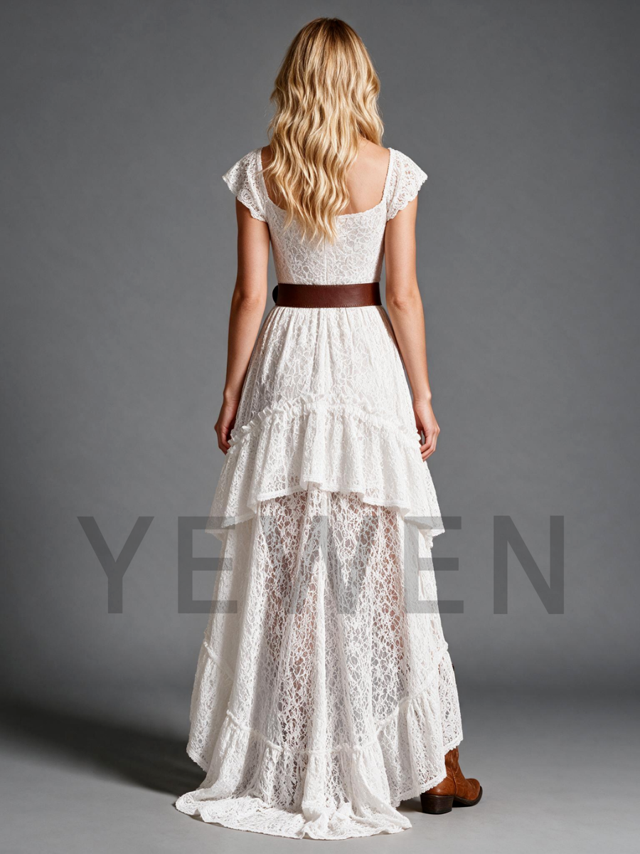 Ivory Lace High-Low Wedding Dress with Flutter Sleeves