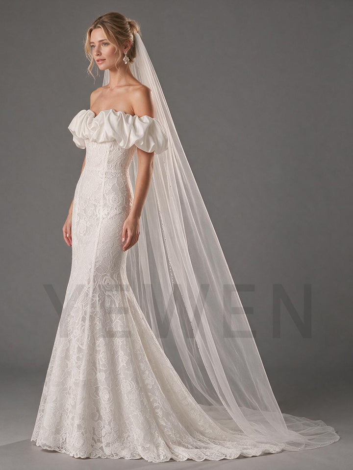Ivory Off-Shoulder Satin Ruffle Rose Lace Wedding Dress (without Veil)