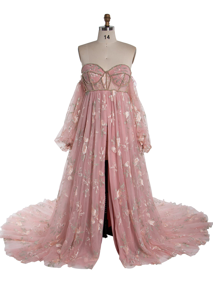 High Waist Maternity Dress for Photo Shoot Embroidery Tulle Long Sleeves Front Slit Maternity Gowns YW230306-1