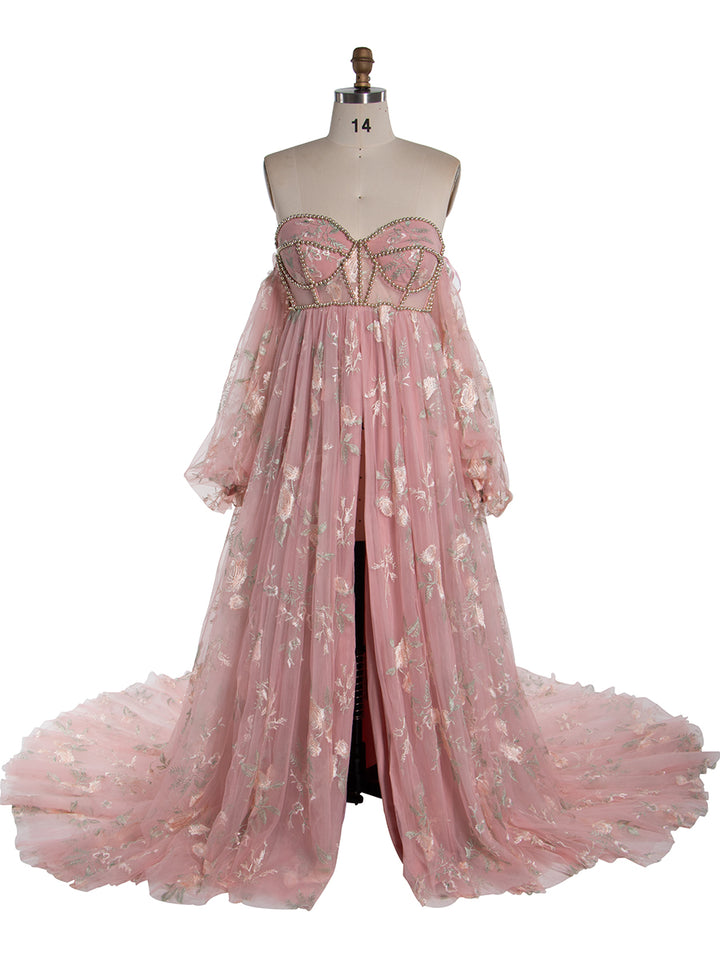 High Waist Maternity Dress for Photo Shoot Embroidery Tulle Long Sleeves Front Slit Maternity Gowns YW230306-1