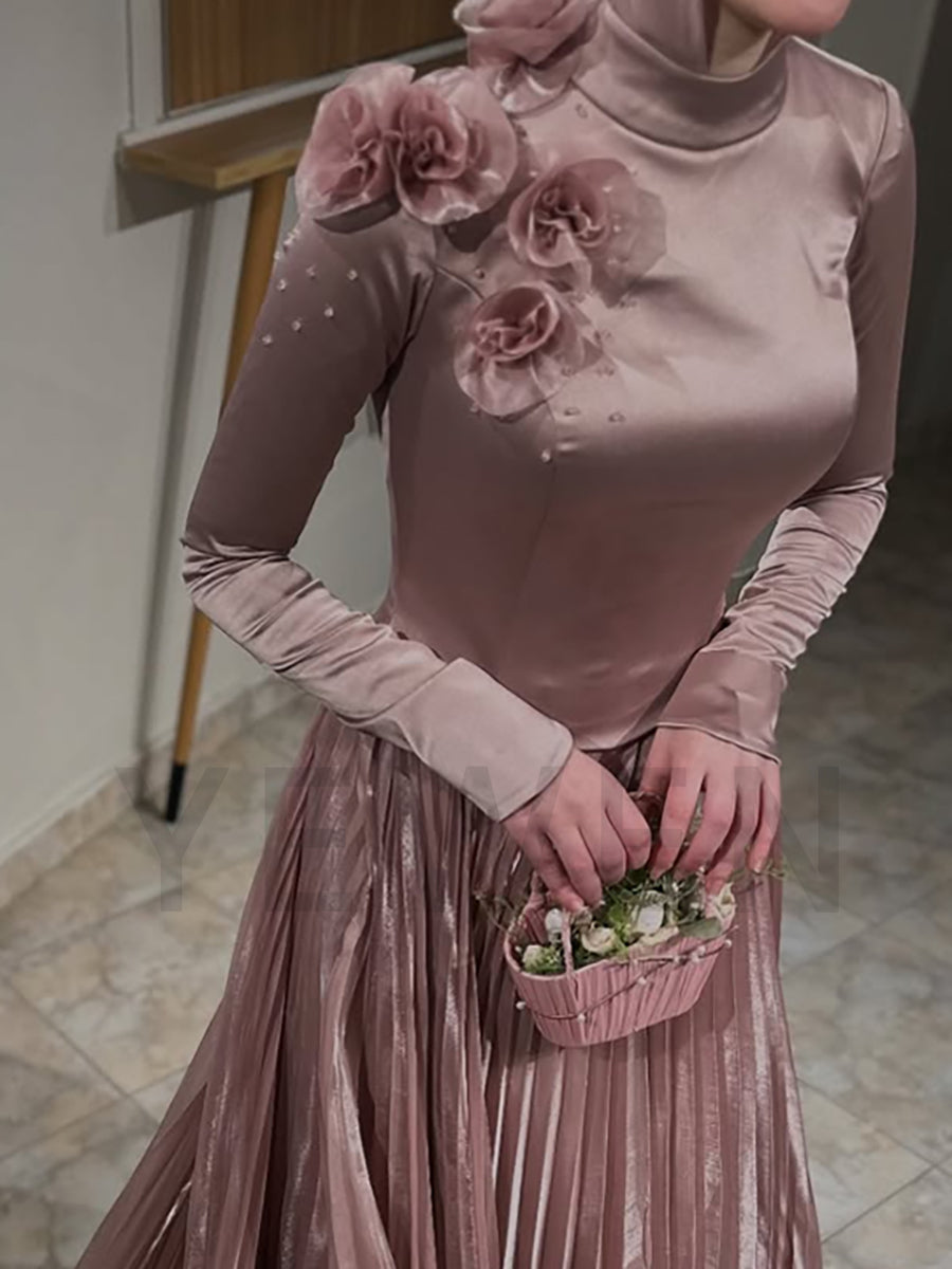 Luxury Evening Dresses Big 3D flowers Pleated Skirt Long Sleeves Evening Gown