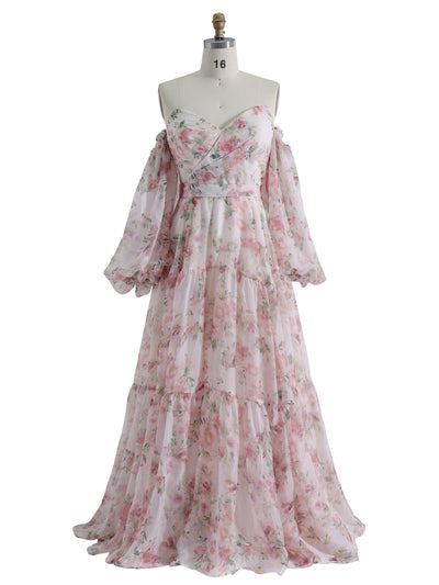 Floor Length , Pink Floral Printing Prom Dress,  Long Sleeves