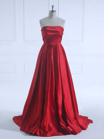 A Line ,Square Floor-Length, Silky Red Satin , Prom Dresses
