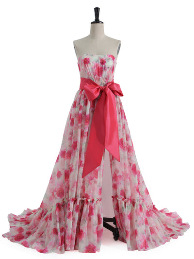 Strapless Floor Length Pink Printing Organza Prom Dresses with Bow Belt