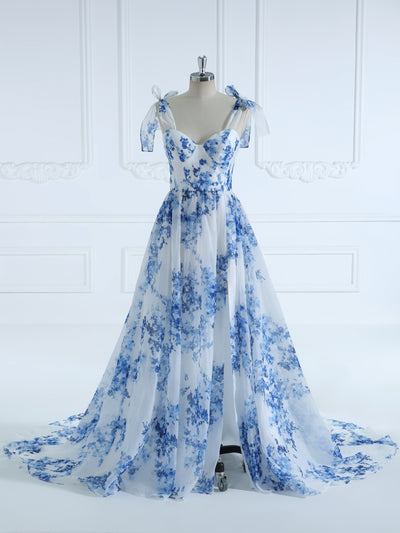 A-line Sweetheart, SweepTrain, Blue Printing Organza, Prom Dresses