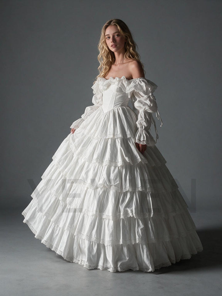 White Vintage Lantern Sleeve Tiered Ruffle Princess Dress YW2610149