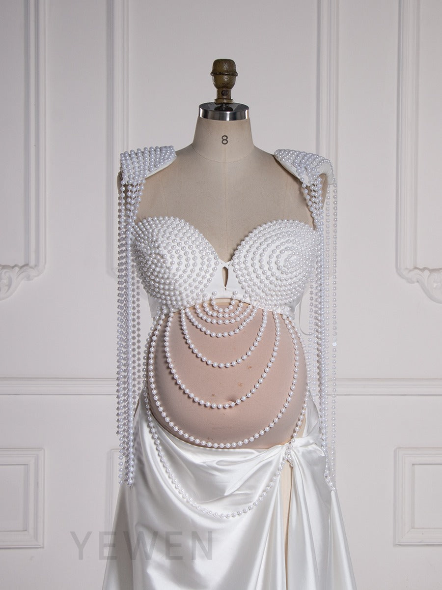 2 Piece Set Pearls Maternity Dress Photoshoot Custom Made Baby Shower Dress for Pregnant Women YW250085