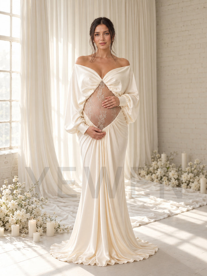 Off-Shoulder Sheer Lace Belly Maternity Photoshoot Gown HY269006
