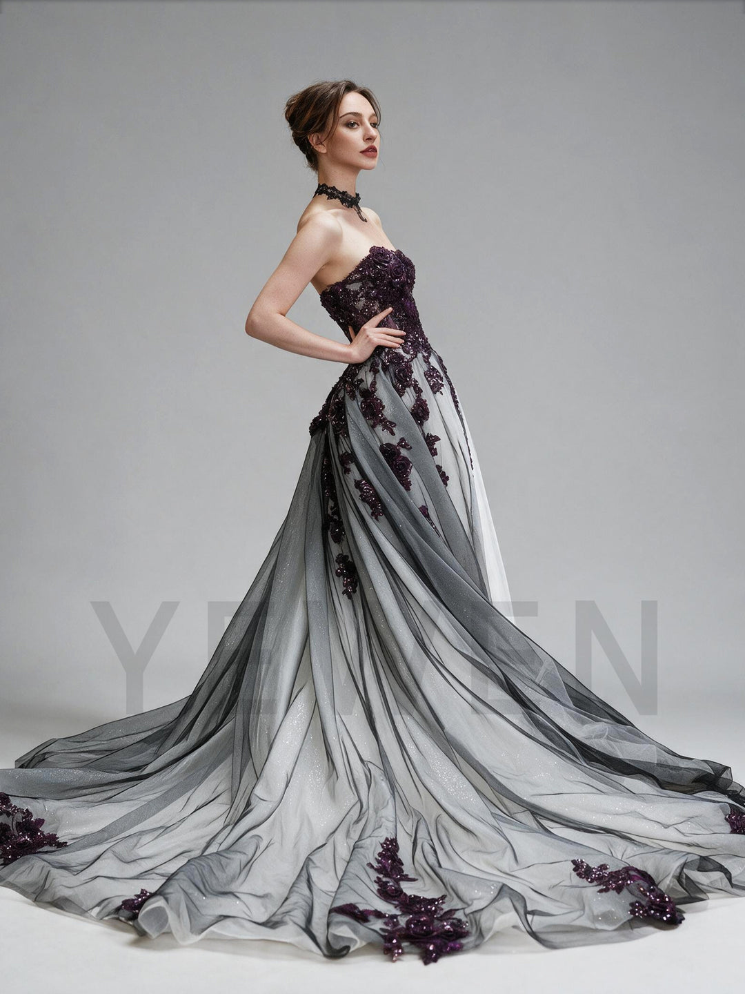 Purple 3D Floral Strapless Evening Gown with Black White Tulle YX26109
