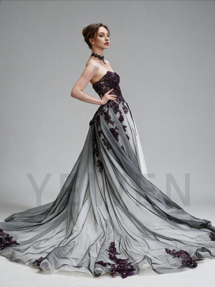 Purple 3D Floral Strapless Evening Gown with Black White Tulle YX26109