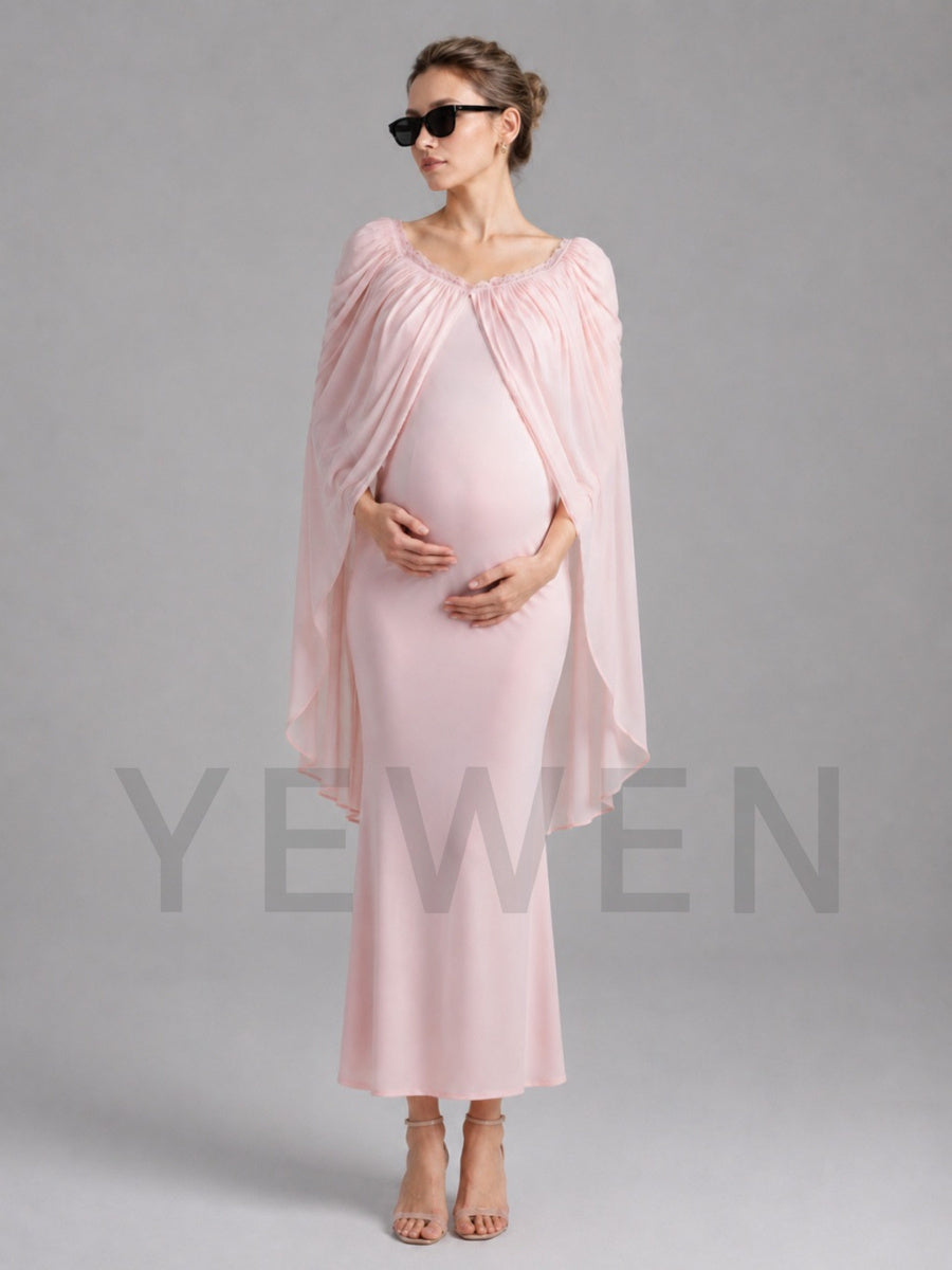 Pink Fitted Maternity Baby Shower Dress with Flowy Chiffon Cape L-26931