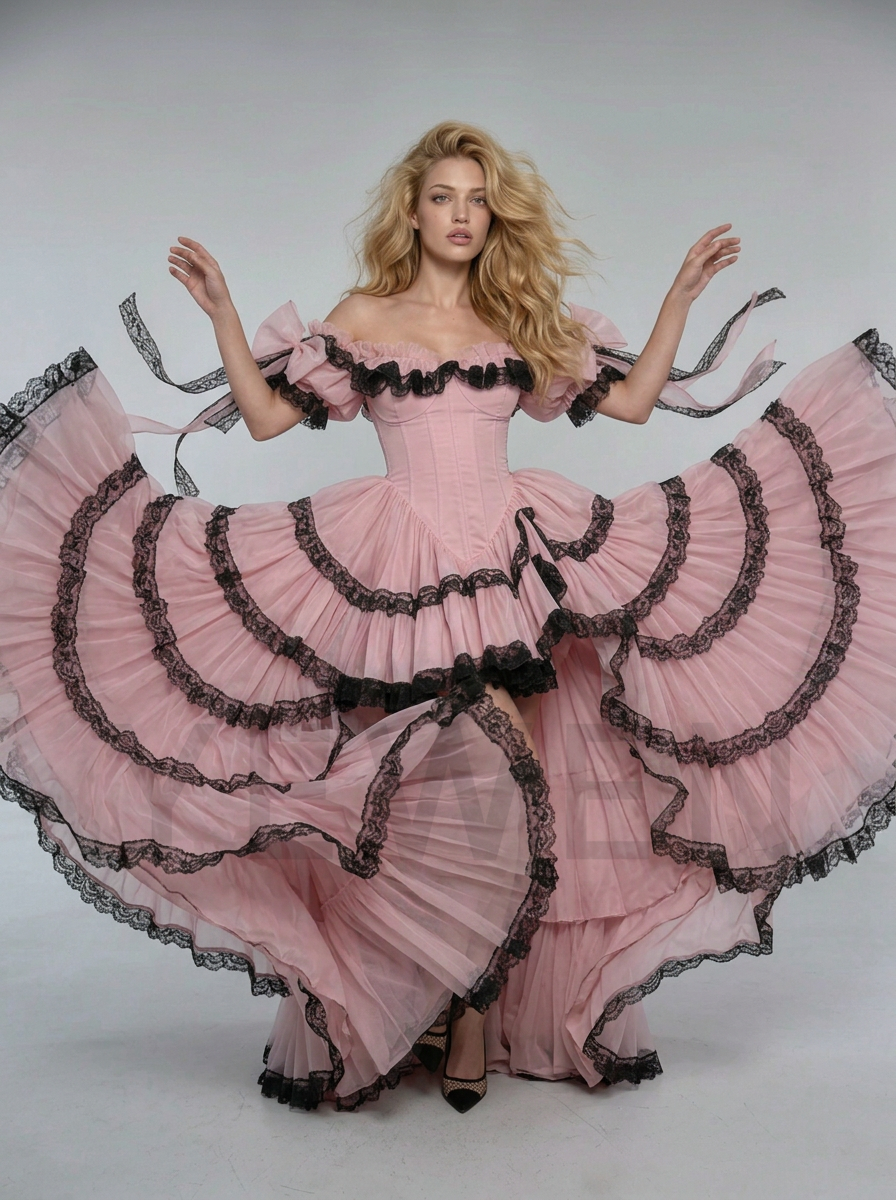 Gossamer Gown Pink Black Lace Corset High Low Layered Tulle WT268004