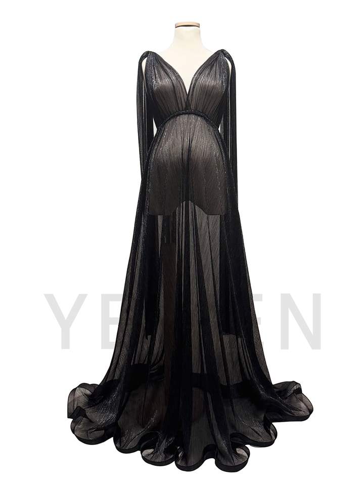See Thru Black Long Cape Sleeves Mesh Maternity Dress for Photo Shoot