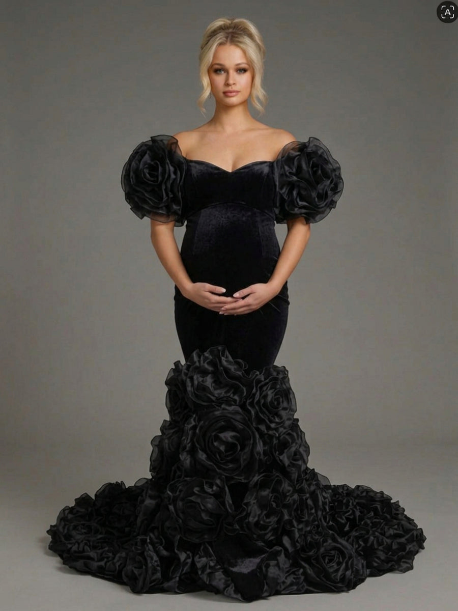 Velvet Off-Shoulder 3D Rose Mermaid Maternity Photoshoot Gown YD260919