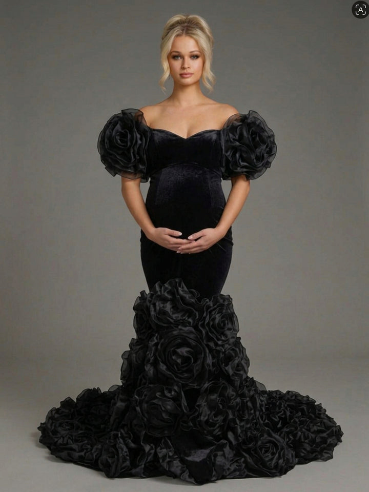 Velvet Off-Shoulder 3D Rose Mermaid Maternity Photoshoot Gown YD260919