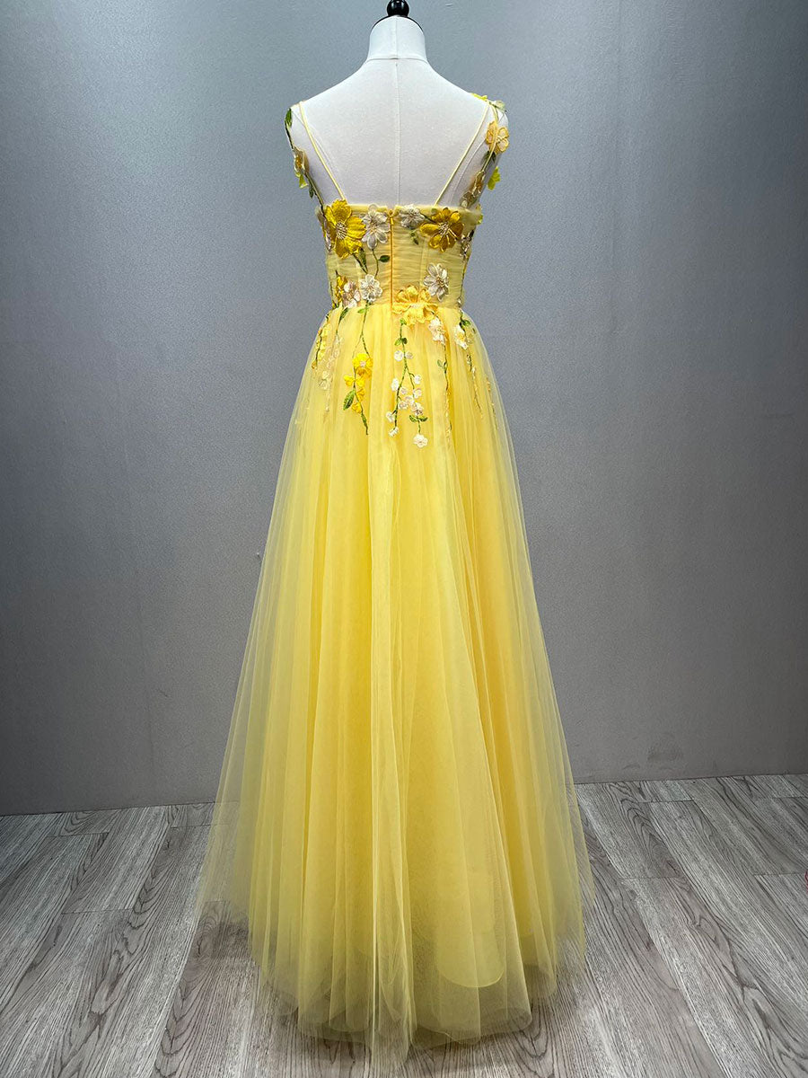 Yellow Prom Gown with Floral Lace Appliqu Fairy Girls Party Dresses YE3028 Yellow Prom Gown with Floral Lace Appliqu Fairy Girls Party Dresses YE3028